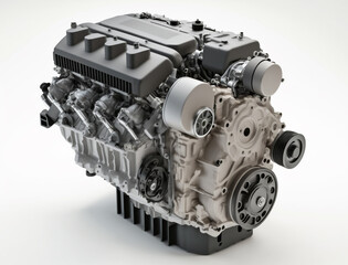 Fototapeta premium A detailed view of the vehicle engine, highlighting its components like cylinder heads, intake manifold, and various pulleys, showcasing engine design and mechanics.