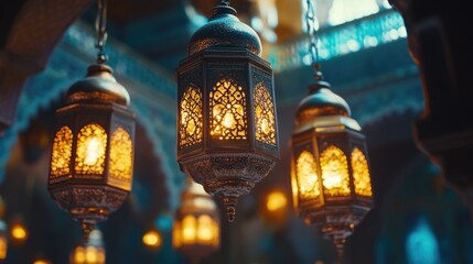 Obraz premium An interior view of a mosque with traditional hanging lanterns that emit warm light, capturing the essence of Islamic architecture and culture.