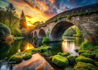 Fototapeta premium Historic stone bridge, its majestic arch mirrored in the river, a timeless photographic subject.