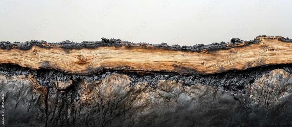 Poster textured cross-section of a burnt tree trunk showcasing warm tan wood grain above deep black charred