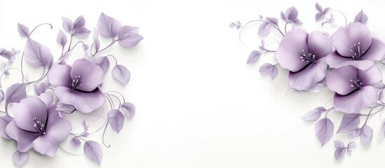 Fototapeta premium Elegant wedding border frame featuring soft purple floral elements on a white background with delicate leaves on both sides enhancing its beauty.