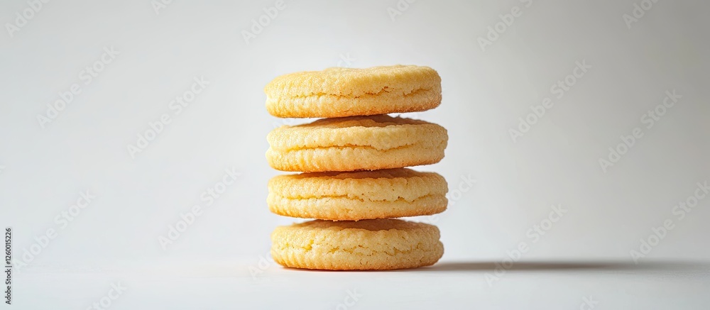 Poster close up of four stacked vanilla cookies on a light grey background showcasing their texture and rou