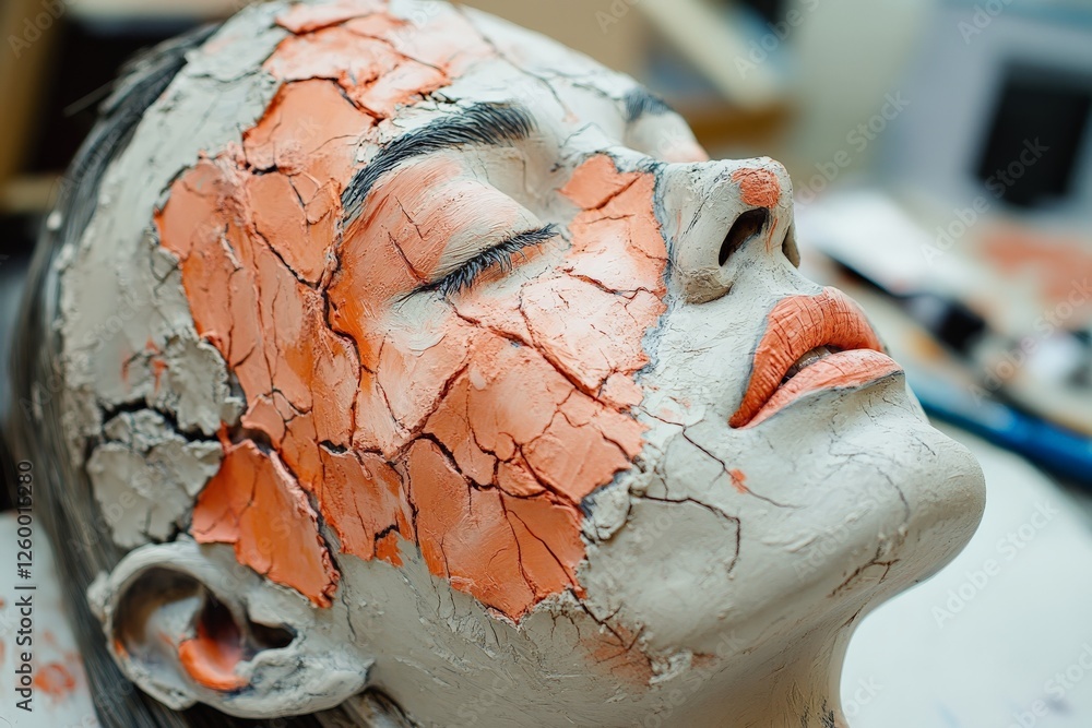 Poster uniquely crafted face with textured clay design showcasing artistry and creativity in a studio setti