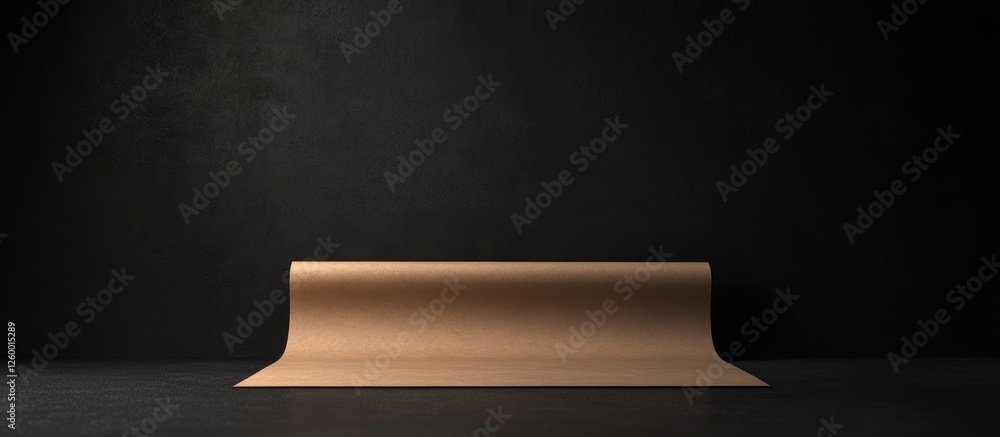 Poster brown vintage textured paper rolled out against a dark black backdrop with subtle lighting creates a