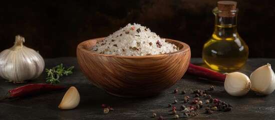 Bowl of fragrant rice with garlic, chili peppers, and herbs, drizzled with olive oil, set on a dark stone background with a warm ambiance.