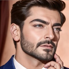 Obraz premium Handsome young man with a confident expression posing in a stylish suit on a soft background 