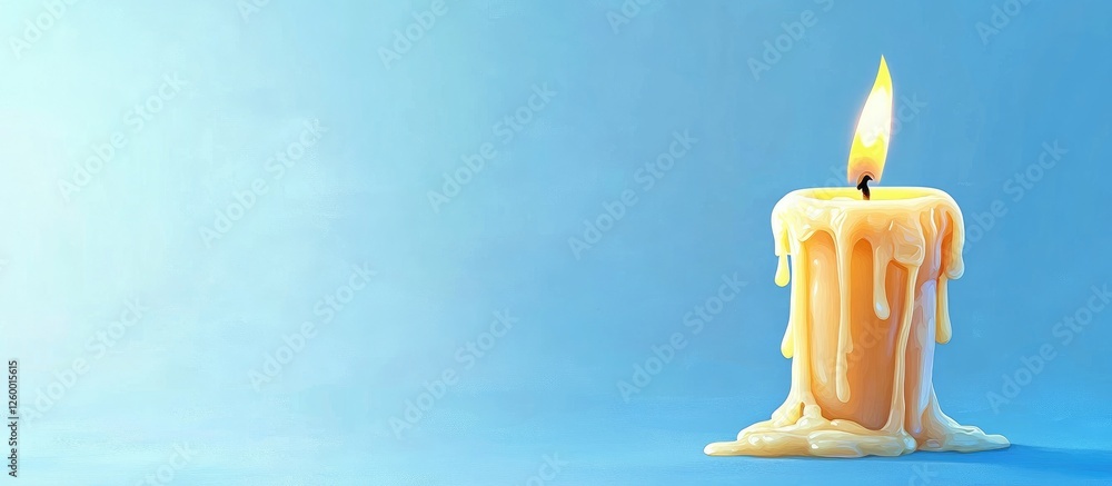 Poster lit candle with dripping wax on a soft blue background offers negative space for text placement crea