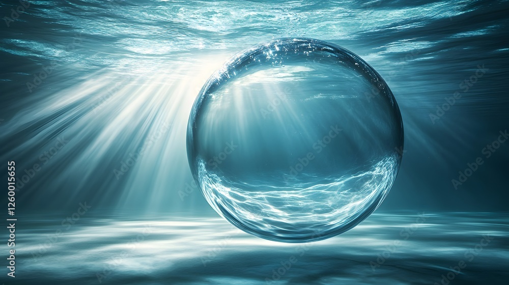 Poster light streams through water illuminating a floating translucent sphere