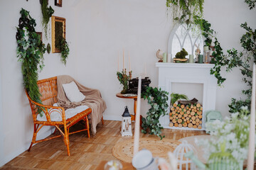 Cozy living room with natural decor and a vintage typewriter in a serene setup
