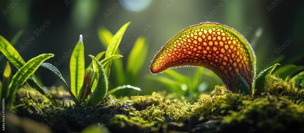 Poster vibrant close-up of a colorful mushroom emerging from lush green moss with soft light filtering thro