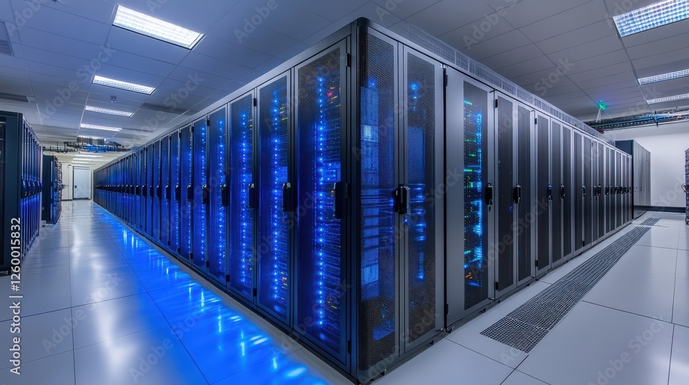 Poster hightech server room with rows of data servers and blue led lighting in modern data center