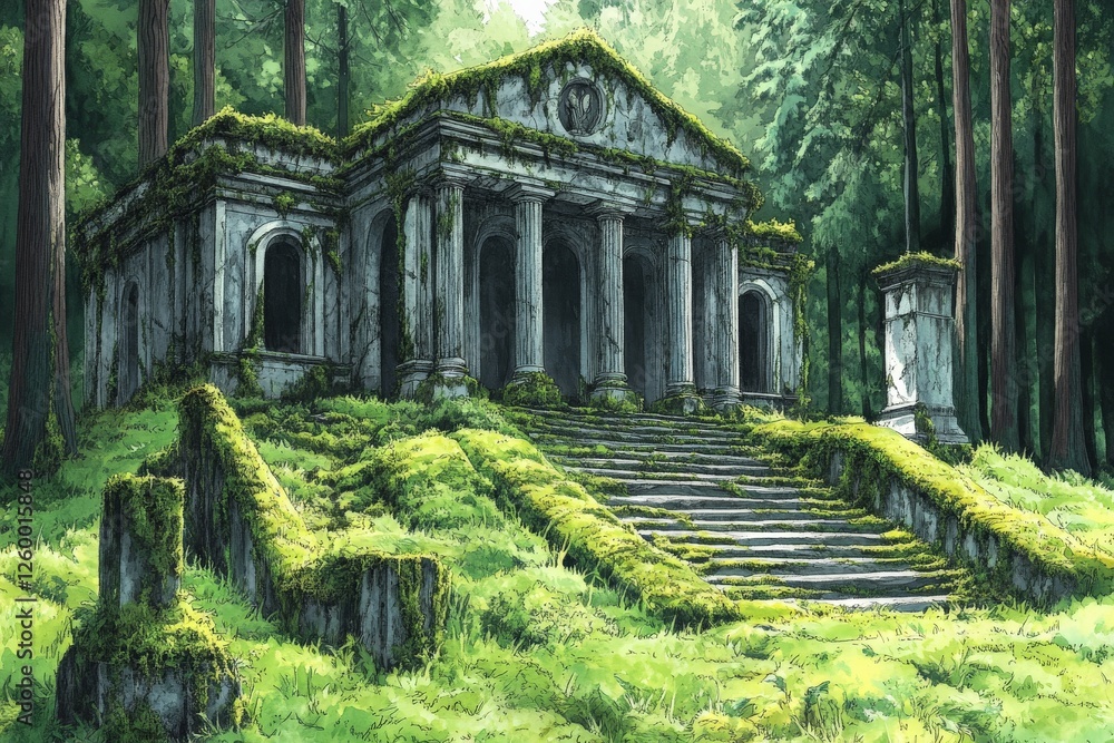 Poster ancient stone building overgrown with moss in a lush forest setting during daylight hours