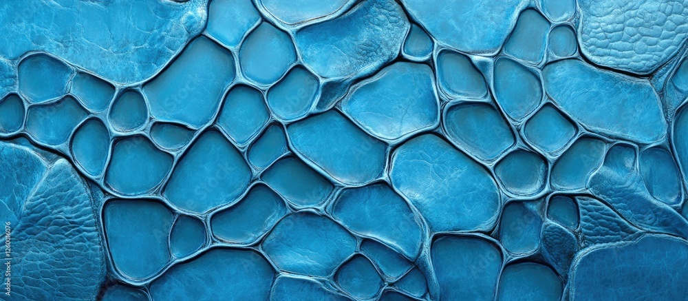 Poster textured ice formations in varying shades of blue against a smooth blue background, creating a strik