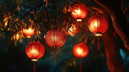 A tree adorned with many red lanterns, symbolizing traditional Chinese festivities and illuminating the night.