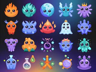Naklejka premium Adorable Fantasy Cute Monsters Game Characters Design