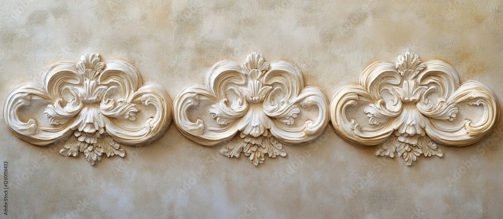 Poster Elegant stucco wall with intricate abstract patterns in soft beige, featuring three ornate decorative elements centered in the composition.