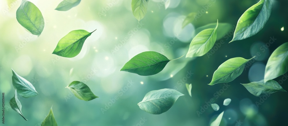 Poster dynamic blur of green leaves in a soft focus background with bright light creating an organic moveme