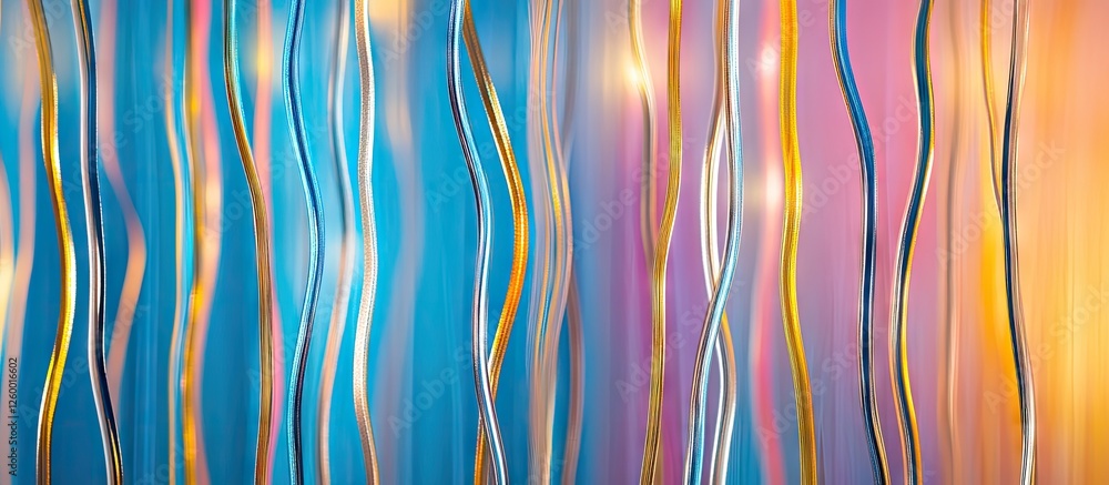 Poster vibrant abstract backdrop with flowing wavy lines in blue, silver, gold, and pink blending seamlessl