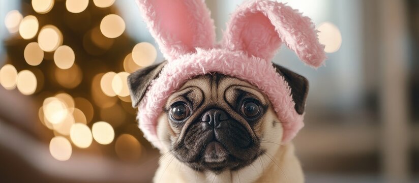 Cheerful pug wearing a pink bunny hat against a softly blurred festive background with golden lights creating a humorous pet greeting card template