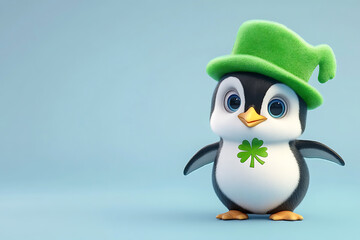 Obraz premium Cute cartoon penguin wearing a green hat and shamrock, set against a light blue background