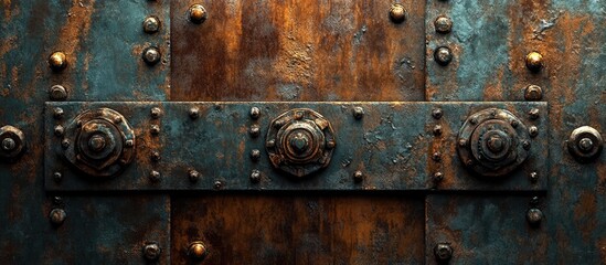 Fototapeta premium Rustic metal door with weathered copper and iron textures, featuring circular locks and rivets, centered composition with a warm color palette.