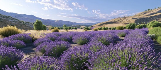 Obraz premium Lavender field showcase with vibrant purple blossoms in lush clusters, set against a serene landscape of green hills and blue sky.