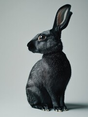 Close-up photo of a cute black rabbit with shiny fur, sitting against a simple grey background. The image captures the softness and innocence often associated with these animals.