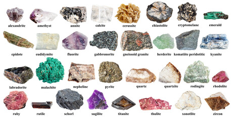 specimens of rough minerals with names cut out
