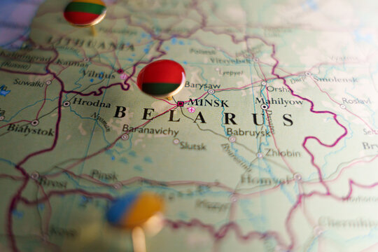 Belarus map with flag push pin on Minsk. Travel, tourism, geography, Eastern Europe concepts