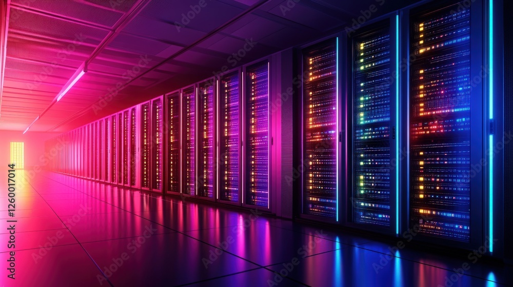 Poster futuristic data center with neon lights illuminating hightech servers in a dark environment