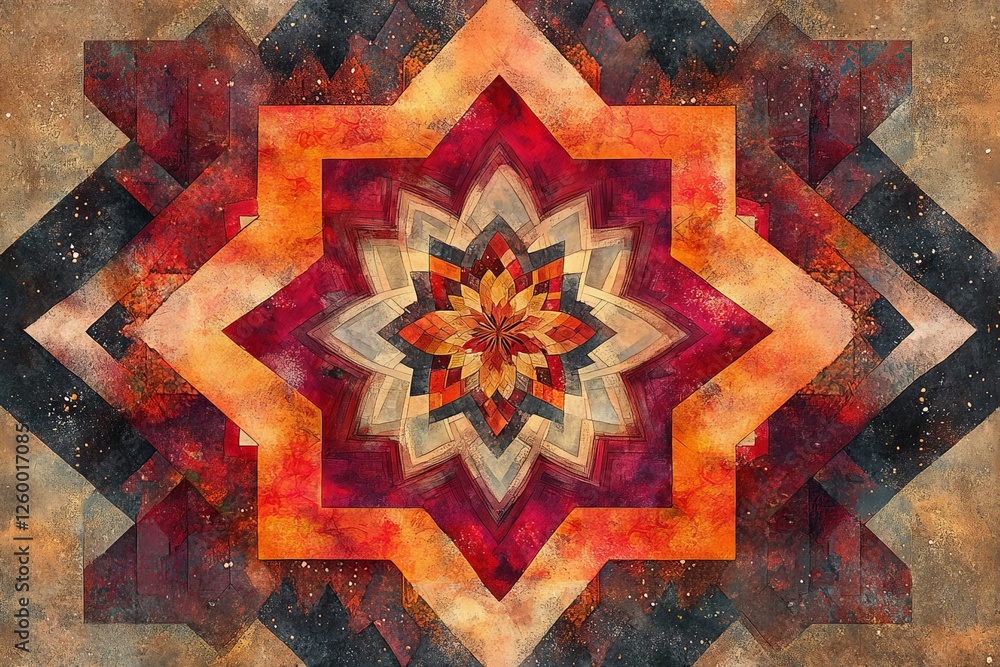 Poster intricate geometric pattern with warm colors and symmetrical design on textured background