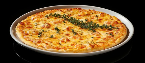 Cheesy pizza on a silver plate with fresh thyme sprinkled on top set against a black background evoking nostalgia and appetizing dining vibes