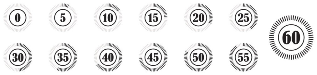 Countdown timer sign and symbol collection set with 5 10 15 20 25 30 35 40 45 50 55 and 60 mins sec or hrs. Set of stopwatch icon. Countdown timer icons set for time tracking. Circular stopwatch. 