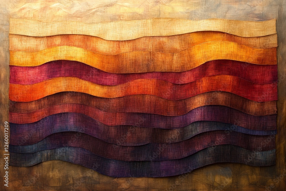 Poster colorful abstract textile art with wavy layers displayed in a contemporary gallery setting
