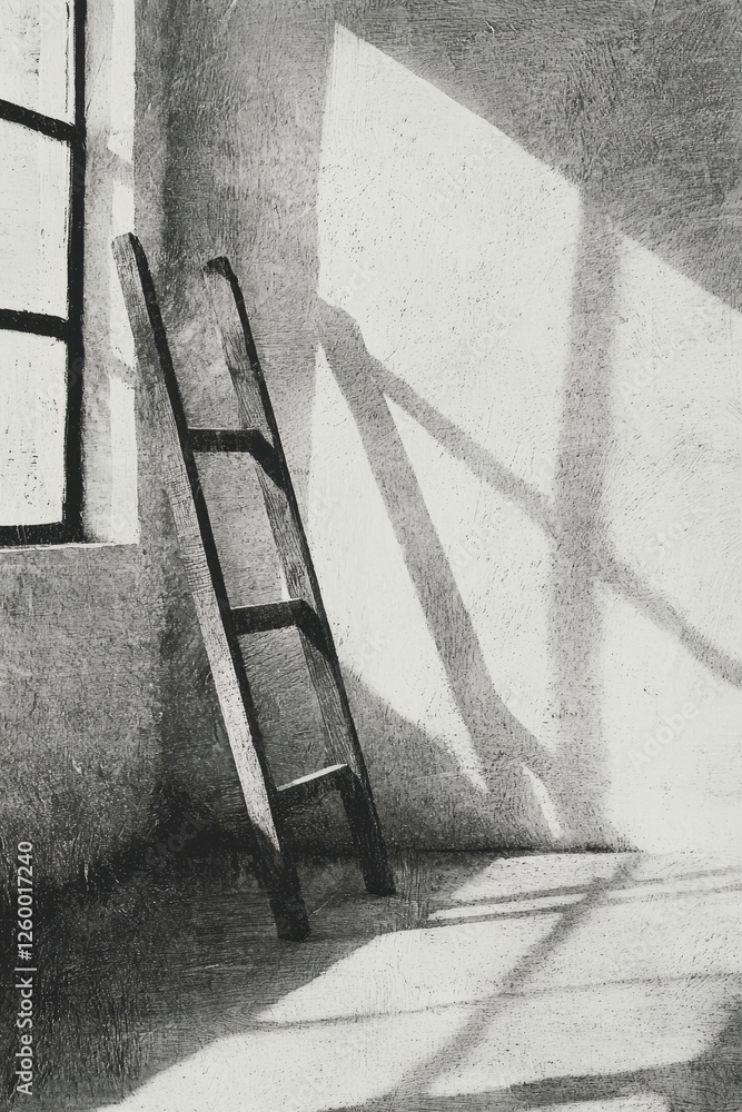 Poster exploring minimalist architecture: a stunning black and white composition featuring a ladder casting
