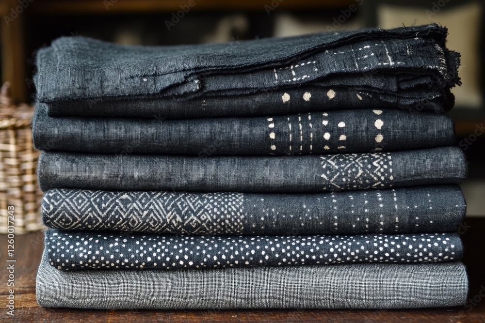 Aufkleber detailed look at handcrafted textiles with intricate patterns stacked on a wooden table