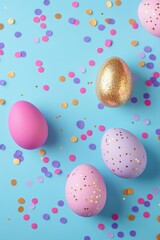 A festive and colorful display of Easter eggs with gold glitter sprinkles, in a pink and gold background.
