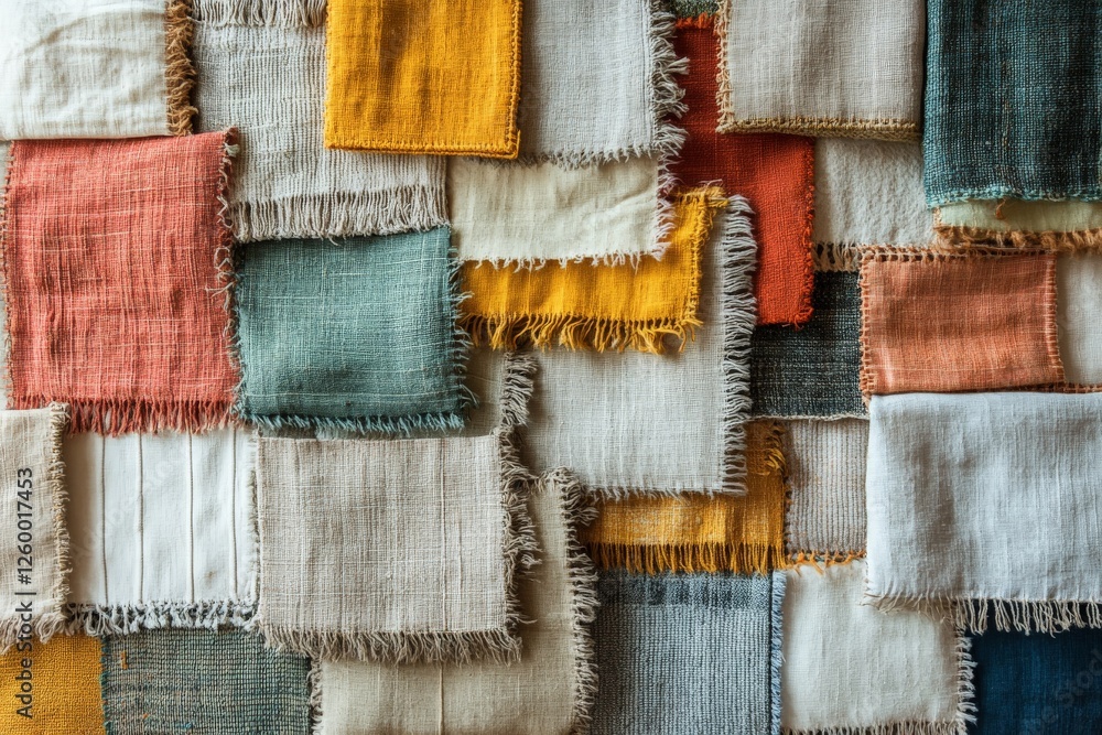Poster colorful assortment of fabric swatches displayed together on a flat surface showcasing various textu