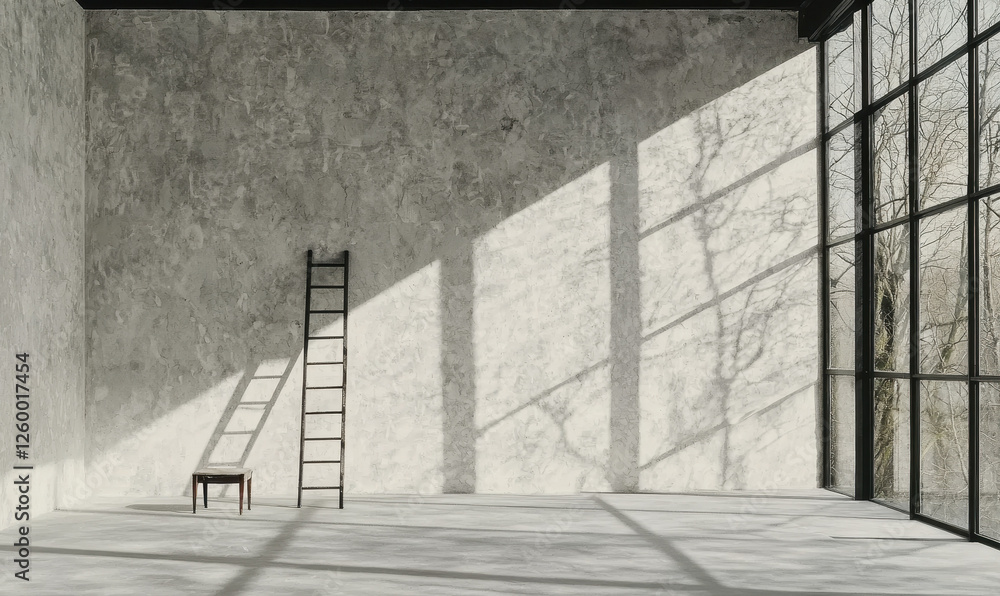 Aufkleber exploring minimalist interior design: a serene space with natural light and shadow play through larg