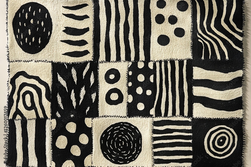 Aufkleber black and white textile art features geometric patterns with varied textures hung in an artistic dis