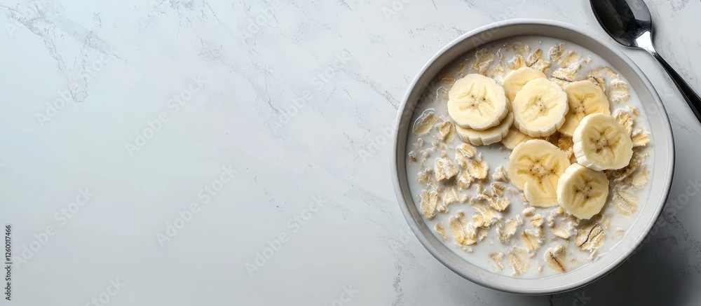 Poster bowl of oatmeal with banana slices on light gray stone surface with a silver spoon creating a nutrit