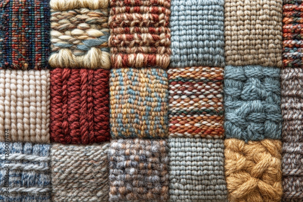 Poster textured fabric samples showcase various weaving techniques in vibrant colors and patterns