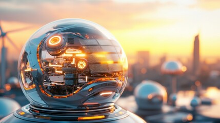 Fototapeta premium Futuristic Crystal Ball Reflecting Glowing Cityscape at Sunset