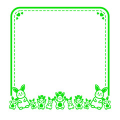 green line dashed square frame with cute rabbit and heart