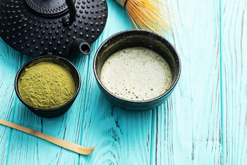 Japanese ceremony . Green powder tea matcha , healthy drink . Top view