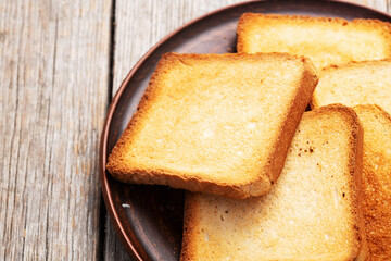 Toast bread in a plate photography . Top view