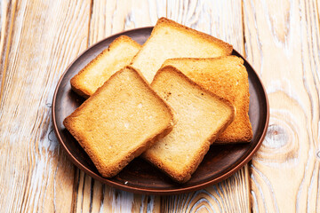 Toast bread in a plate photography . Top view