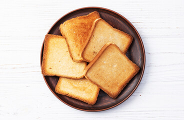 Toast bread in a plate photography . Top view