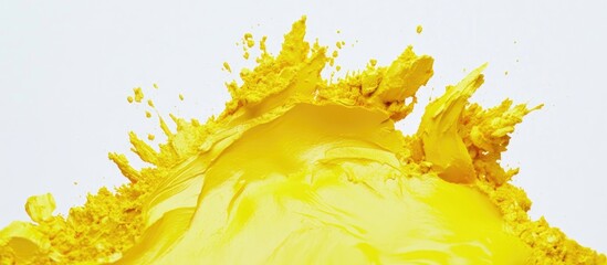 Vibrant crushed yellow pigment splashed against a bright white background showcasing texture and color contrast in an artistic composition