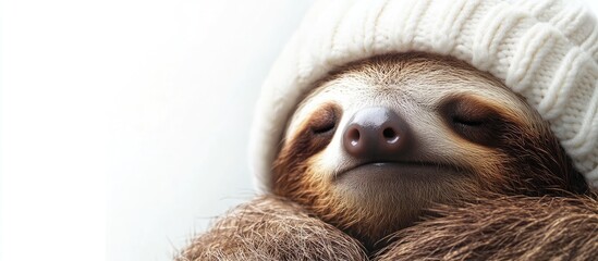 Relaxed brown sloth wearing white beanie hat against clean white background, eyes closed, giving a calming and serene vibe in high resolution.